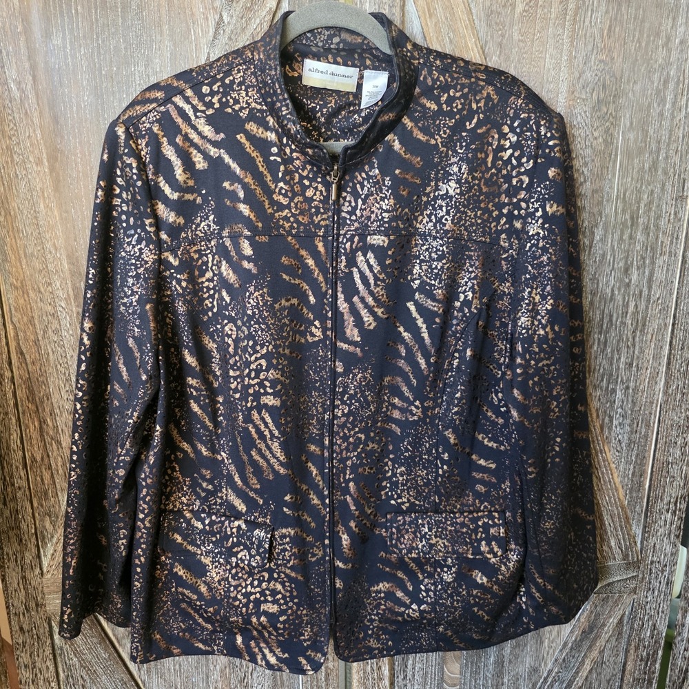 Alfred Dunner Jacket‎ Women's Size 20W Black Gold Metallic Animal Print Full Zip